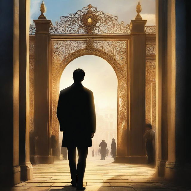 This is a captivating, high-quality book cover image depicting a modern, affluent cityscape bathed in golden light with a grand entrance gate casting long shadows