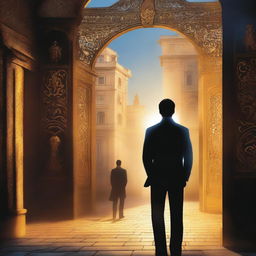 This is a captivating, high-quality book cover image depicting a modern, affluent cityscape bathed in golden light with a grand entrance gate casting long shadows