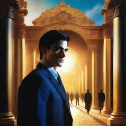 This is a captivating, high-quality book cover image depicting a modern, affluent cityscape bathed in golden light with a grand entrance gate casting long shadows