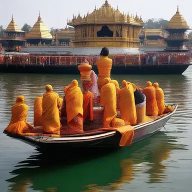 During the religious festival, devotees travel to the sacred temple by ferry to participate in the rituals.