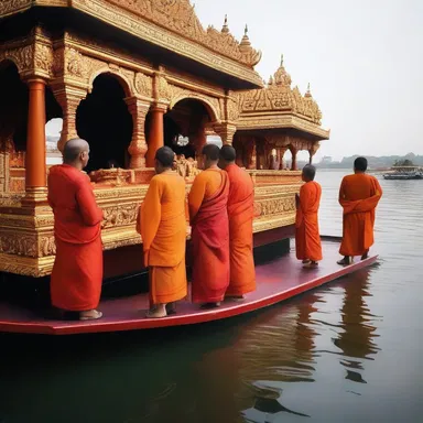 During the religious festival, devotees travel to the sacred temple by ferry to participate in the rituals.