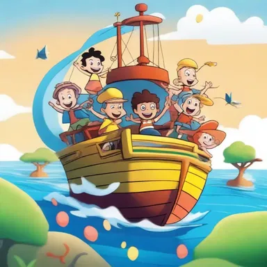 In the cartoon series, the characters often go on adventurous trips on a magical ferry that can fly and sail across the seas.