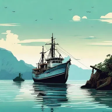 In the novel, the protagonist hires a fishing boat to ferry him to the remote island.