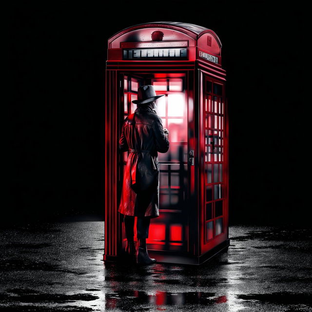 A solitary figure in a trench coat and hat, back turned to the viewer, talking in an old-fashioned red telephone booth at night.