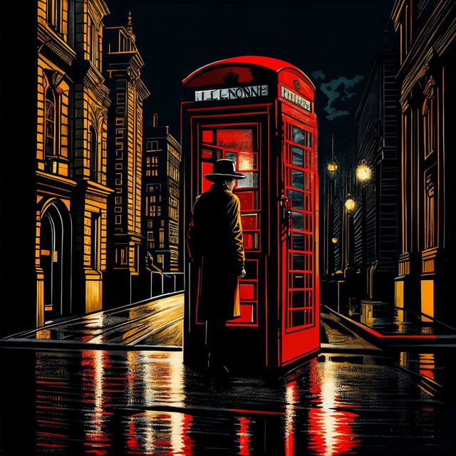 A solitary figure in a trench coat and hat, back turned to the viewer, talking in an old-fashioned red telephone booth on a street at night, with a dark and gold aesthetic.