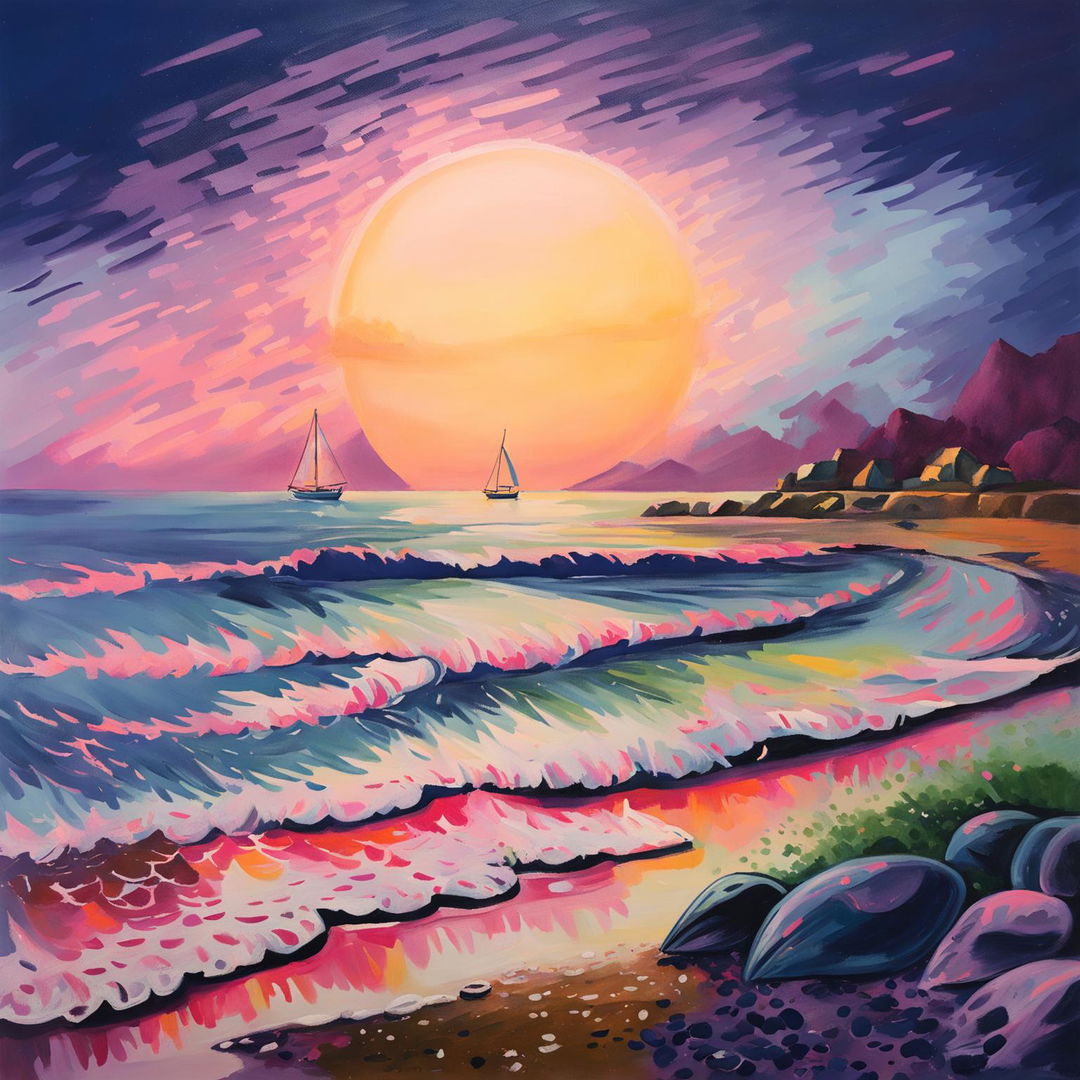 Gouache painting of a beach at sunrise with pastel sky, golden sun, blue-green sea, sandy beach with seashells and starfish, and distant sailboat silhouette.