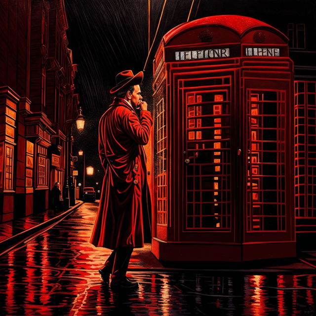 A man in a trench coat and hat, back turned, engaged in a phone call in a vintage red telephone booth on a rain-soaked city street at night, with a dark and gold aesthetic.