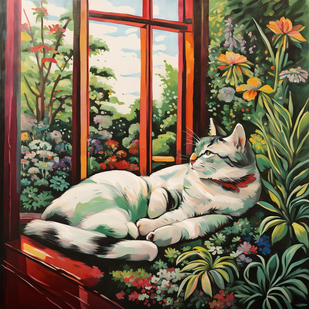 Gouache painting of a fluffy cat lounging on a window sill with a garden view.