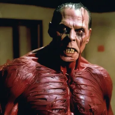 The horror movie villain's dominant gene caused him to have a terrifying and gruesome appearance.