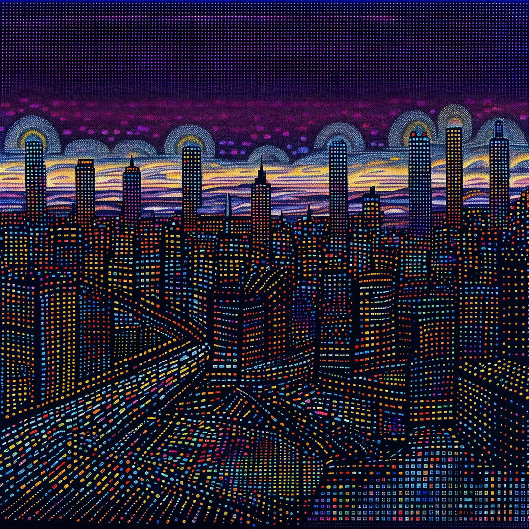 Pointillism cityscape with skyscrapers reflecting sunset hues, bustling streets and glowing streetlights.