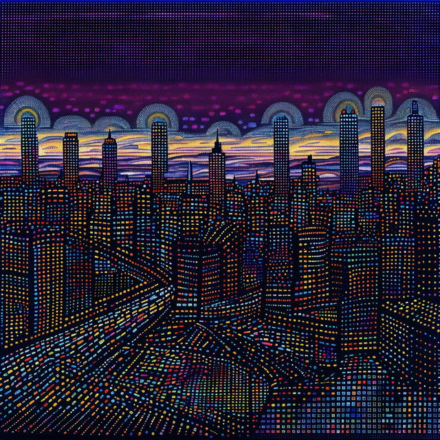 Pointillism cityscape with skyscrapers reflecting sunset hues, bustling streets and glowing streetlights.