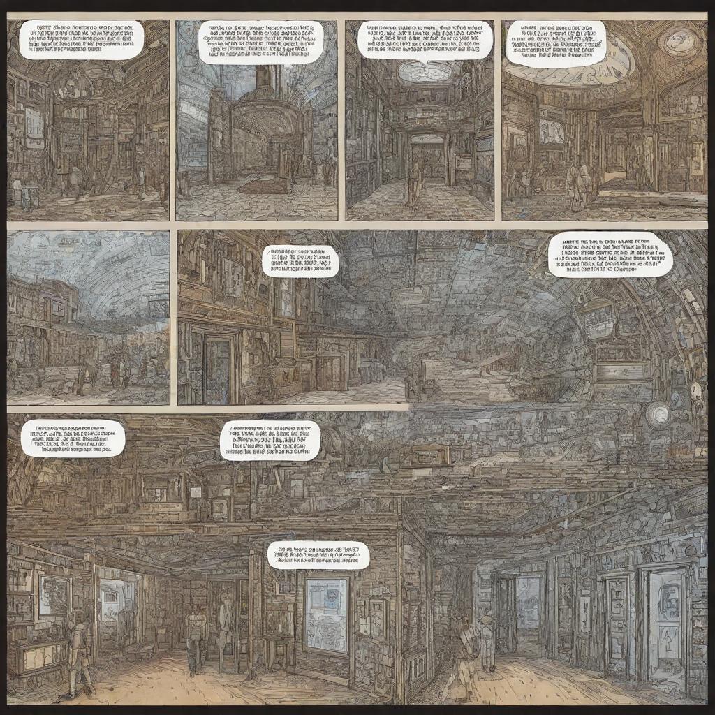 Generate a four-panel comic-like image illustrating a time machine. Each panel should show a separate stage of use: discovery, entering, action of the device, and the aftermath of time travel.