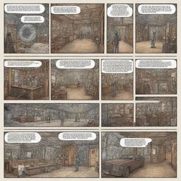 Generate a four-panel comic-like image illustrating a time machine. Each panel should show a separate stage of use: discovery, entering, action of the device, and the aftermath of time travel.