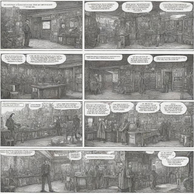 Generate a 4 panel graphic fiction where each panel contains 2 dialogues about a time machine. Each panel should contain a different scene, progressing the story of a character interacting with the time machine.