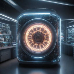 Generate an image of a futuristic time machine built with complex and intricate details, emitting a glow of energy, placed in a high-tech laboratory setting.