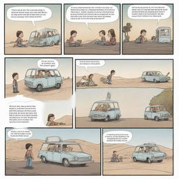 Create a simple, 4-panel comic strip featuring a character discovering, interacting with, and finally traveling in a time machine.