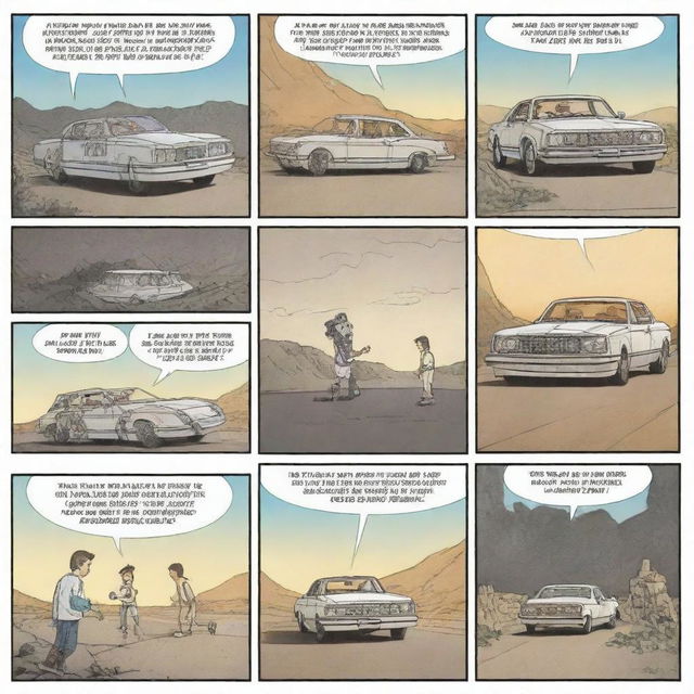 Create a simple, 4-panel comic strip featuring a character discovering, interacting with, and finally traveling in a time machine.