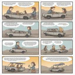 Create a simple, 4-panel comic strip featuring a character discovering, interacting with, and finally traveling in a time machine.