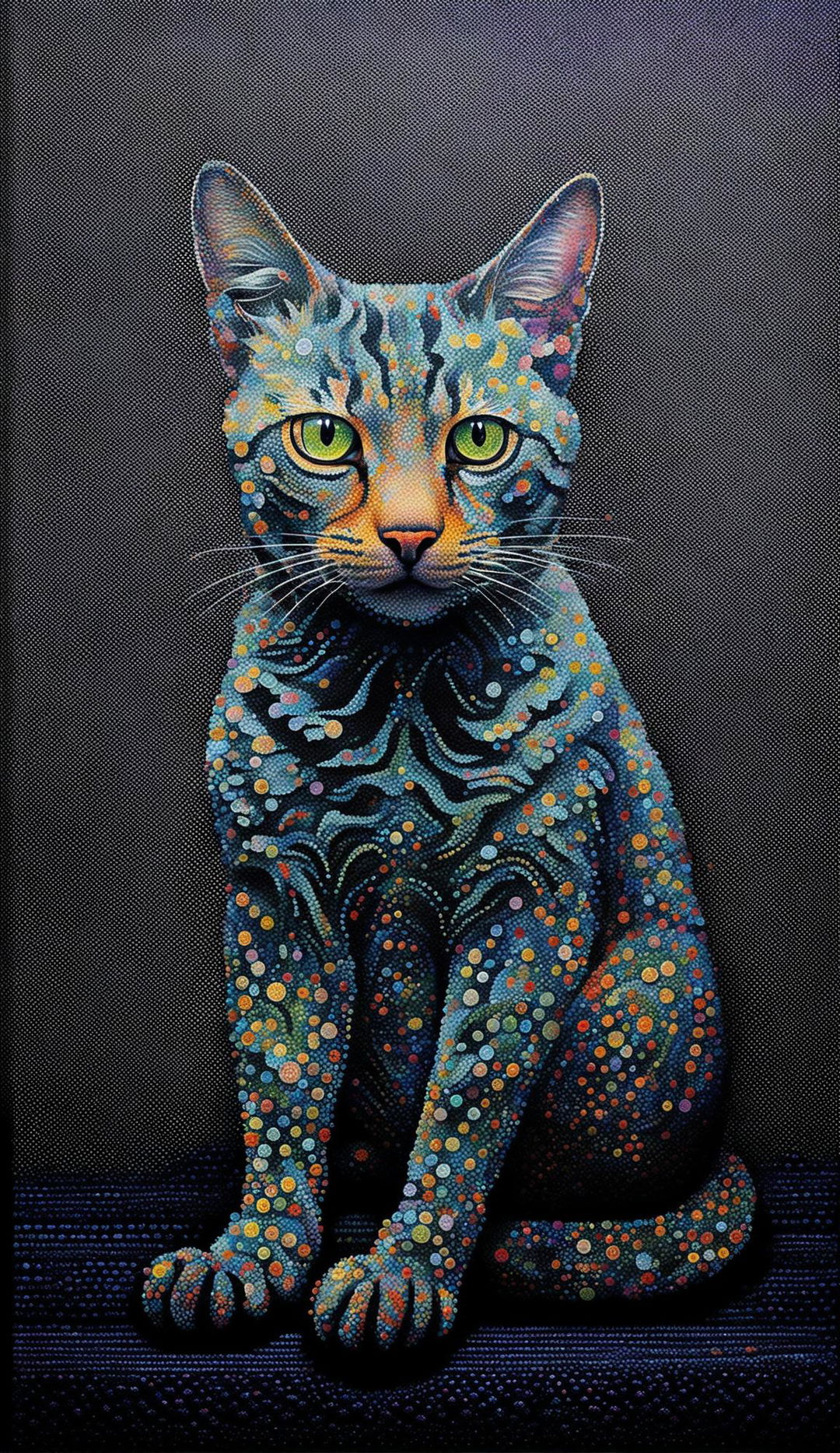 A pointillism style painting of a cat in an art gallery, with vibrant colors and detailed texture.