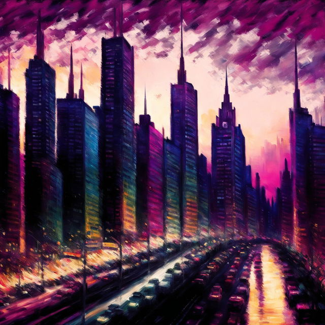 Impressionistic cityscape with buildings in bold colors, a pastel sky, blurred city streets, and a reflective river.