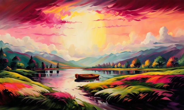 Impressionistic painting of a vibrant meadow, serene lake with a small boat, majestic mountains and a sunset sky.