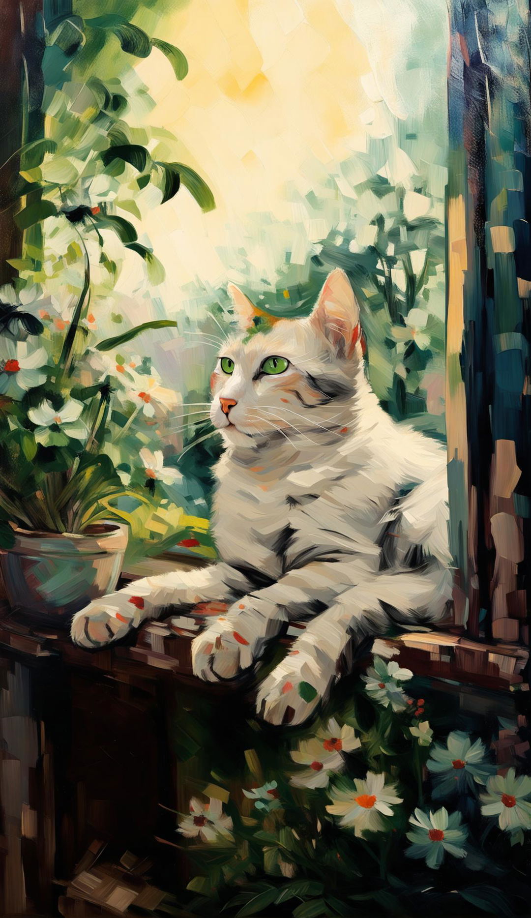 Impressionist painting of a cat lounging on a sunlit windowsill overlooking a vibrant garden.