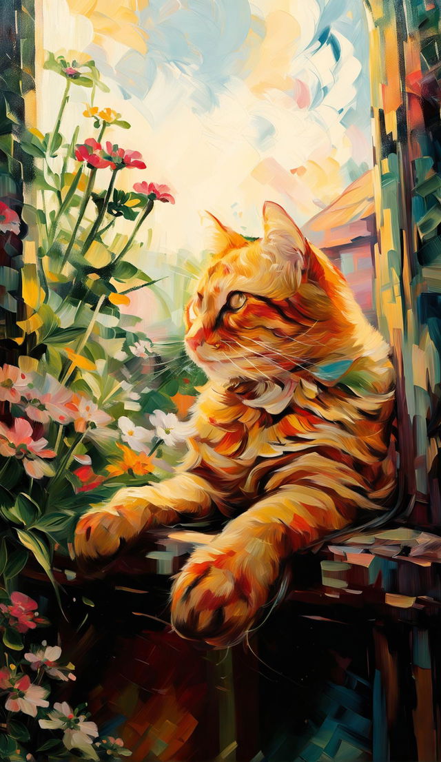 Impressionist painting of a ginger cat lounging on a sunlit windowsill overlooking a vibrant garden.