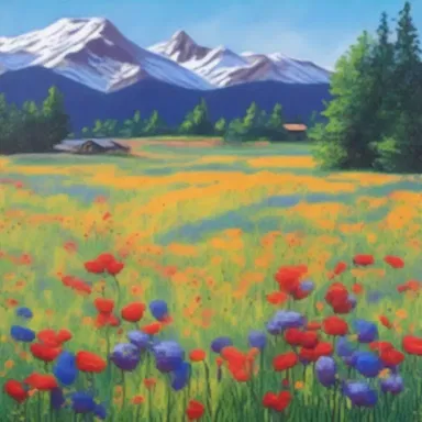 The artist used vibrant colors to depict a meadow redolent with the scent of wildflowers.
