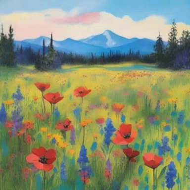 The artist used vibrant colors to depict a meadow redolent with the scent of wildflowers.