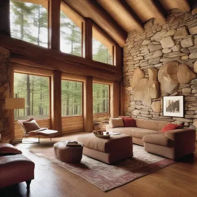 The use of wooden beams and stone walls in the house's design is redolent of a rustic cabin in the woods.