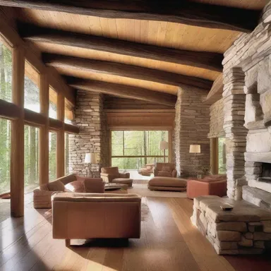 The use of wooden beams and stone walls in the house's design is redolent of a rustic cabin in the woods.