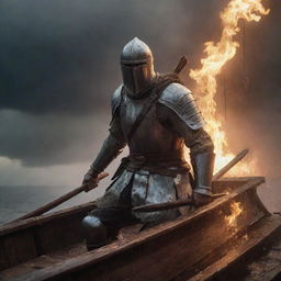 Generate a dramatic image of a crusader soldier bracing himself on a wooden ship against a rain of fiery arrows from an unseen enemy.