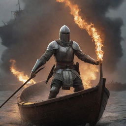 Generate a dramatic image of a crusader soldier bracing himself on a wooden ship against a rain of fiery arrows from an unseen enemy.