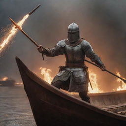 Generate a dramatic image of a crusader soldier bracing himself on a wooden ship against a rain of fiery arrows from an unseen enemy.