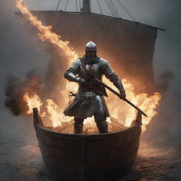 Generate a dramatic image of a crusader soldier bracing himself on a wooden ship against a rain of fiery arrows from an unseen enemy.