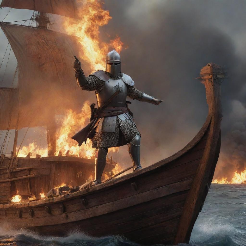 Generate a dramatic image of a Crusader soldier on a large, detailed wooden ship, bravely confronting an onslaught of fiery arrows.