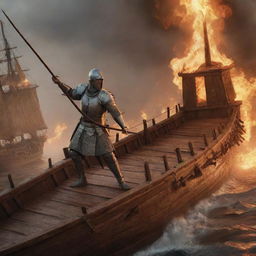 Generate a dramatic image of a Crusader soldier on a large, detailed wooden ship, bravely confronting an onslaught of fiery arrows.