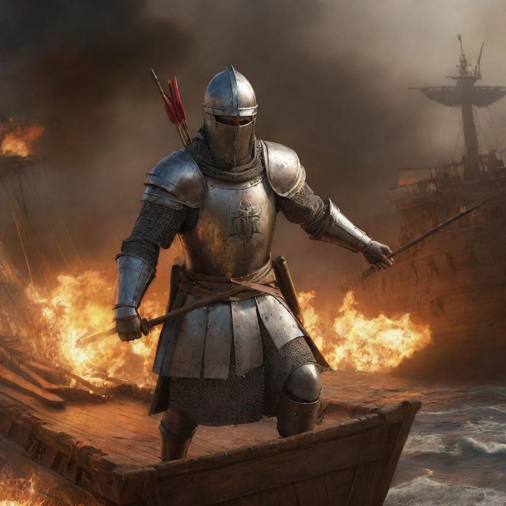 Generate a dramatic image of a Crusader soldier on a large, detailed wooden ship, bravely confronting an onslaught of fiery arrows.