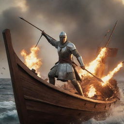 Generate a dramatic image of a Crusader soldier on a large, detailed wooden ship, bravely confronting an onslaught of fiery arrows.