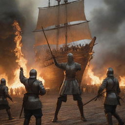 Create a dramatic image of a Crusader soldier receiving a barrage of fiery arrows, with two men in the background manning a large, detailed wooden ship.