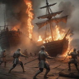 Create a dramatic image of a Crusader soldier receiving a barrage of fiery arrows, with two men in the background manning a large, detailed wooden ship.