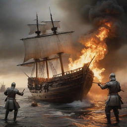 Create a dramatic image of a Crusader soldier receiving a barrage of fiery arrows, with two men in the background manning a large, detailed wooden ship.