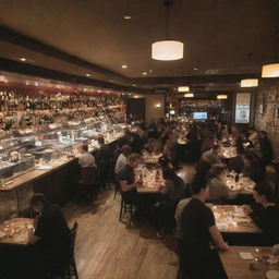 A bustling restaurant with customers at tables, a well-lit bar area, and waiters serving delicious looking dishes.