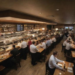 A bustling restaurant with customers at tables, a well-lit bar area, and waiters serving delicious looking dishes.