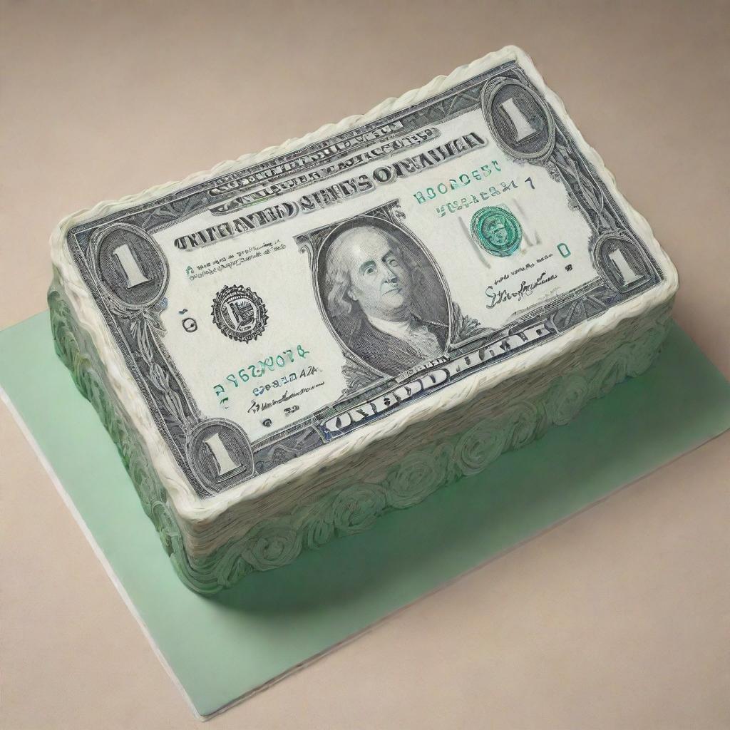 Generate an image of a creatively designed cake made to look like a one-dollar bill, demonstrating detailed icing representation of the bill's features.