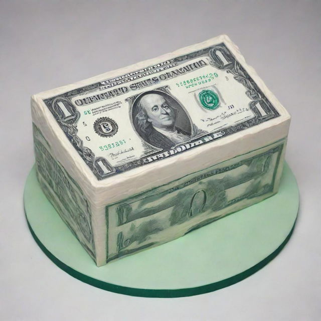 Generate an image of a creatively designed cake made to look like a one-dollar bill, demonstrating detailed icing representation of the bill's features.