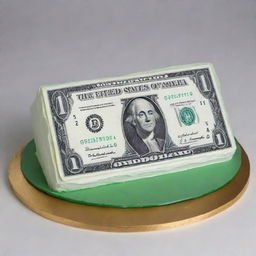 Generate an image of a creatively designed cake made to look like a one-dollar bill, demonstrating detailed icing representation of the bill's features.