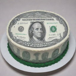 Generate an image of a creatively designed cake made to look like a one-dollar bill, demonstrating detailed icing representation of the bill's features.