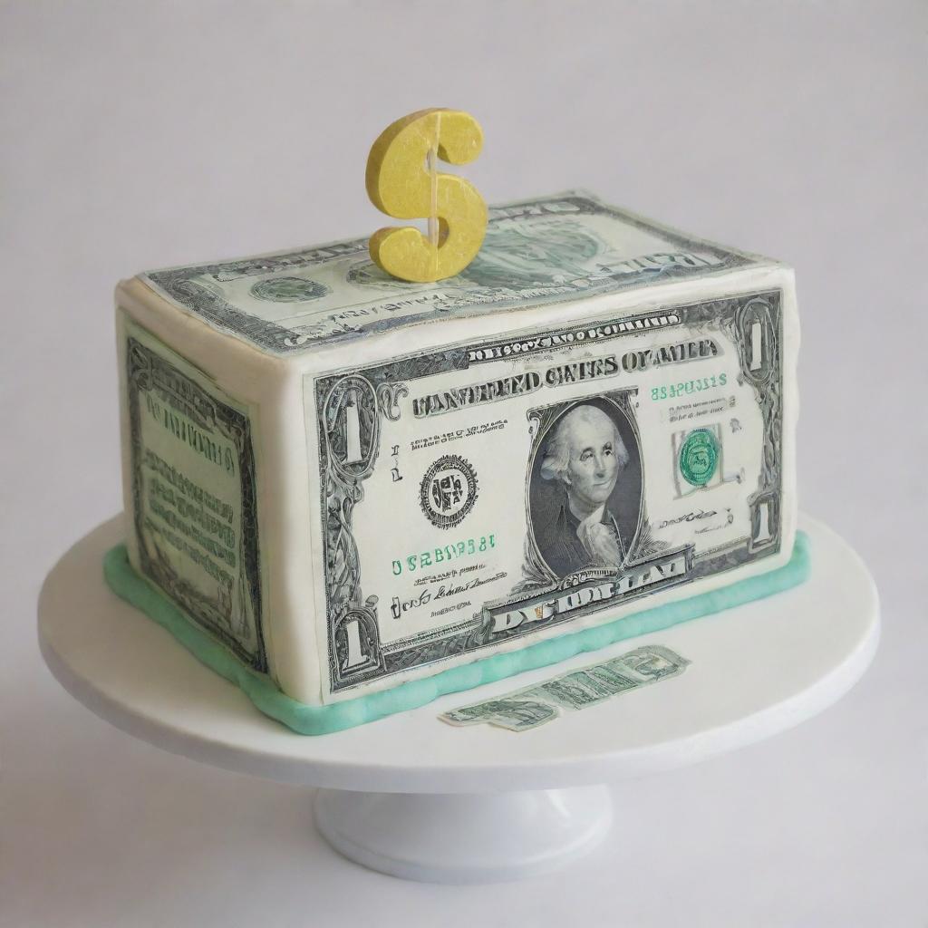 Generate an image of a whimsical cake, intricately decorated with icing and fondant to resemble a $1 bill.