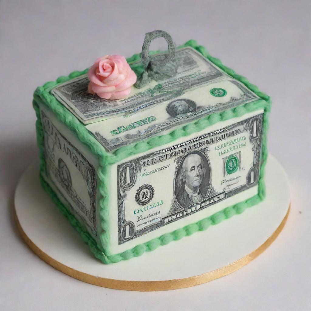 Generate an image of a whimsical cake, intricately decorated with icing and fondant to resemble a $1 bill.